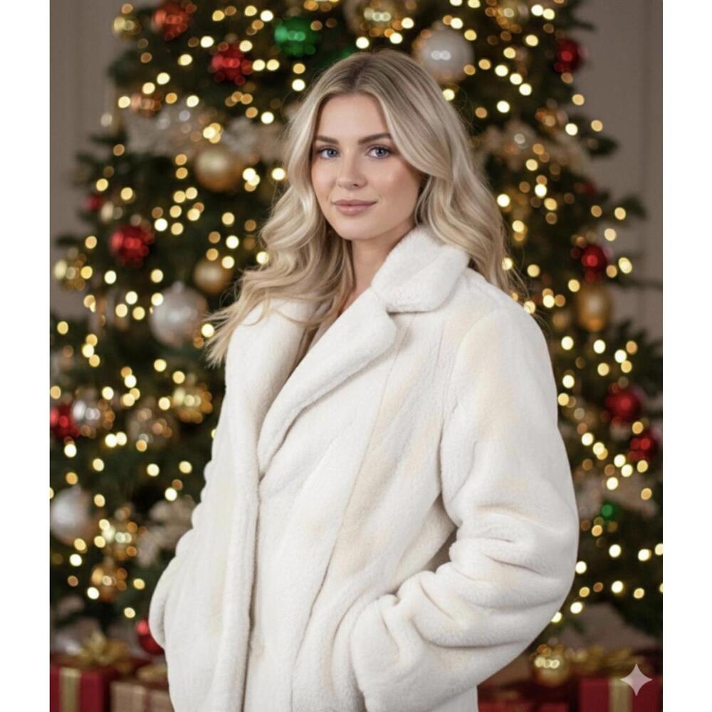 Title: TORRID White Faux Fur Jacket Size 00 (Lg) Wide Lapel 3 Snap Closure